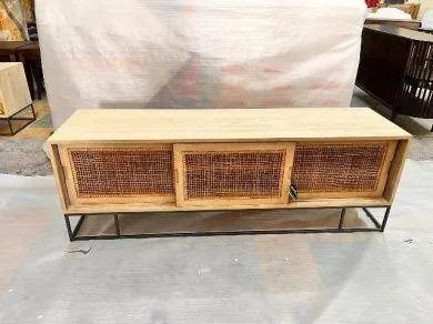 Sideboard with woven sliding doors on a metal base