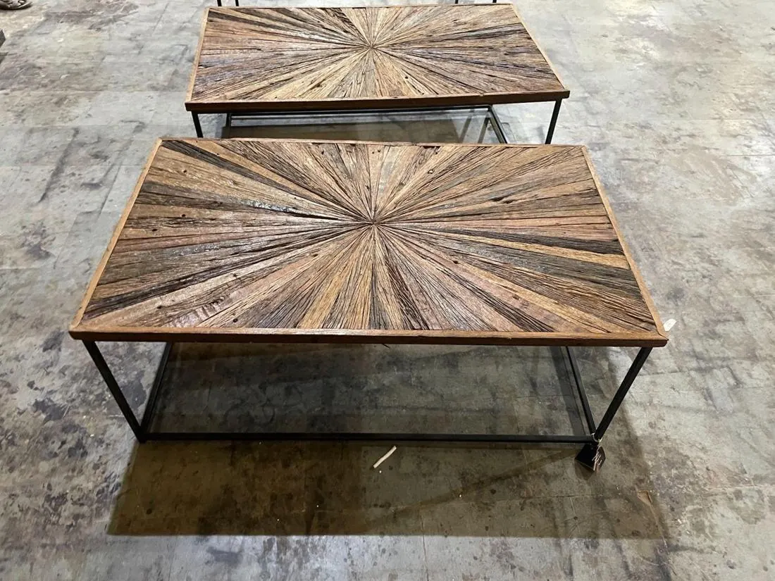 Reclaimed-wood coffee table with an iron base